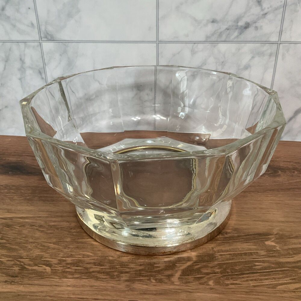 Godinger 10 Sided Crystal Bowl Silver Plated Base Italy Vintage 8.5” x 4.5”